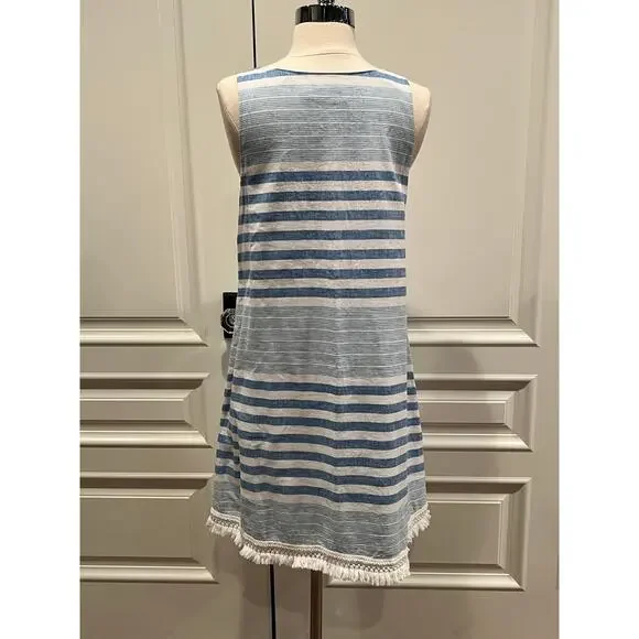 🔥SALE Vineyard Vines Dress Striped fringed Linen Cotton A-line shift sz 8 lined - Picture 7 of 7